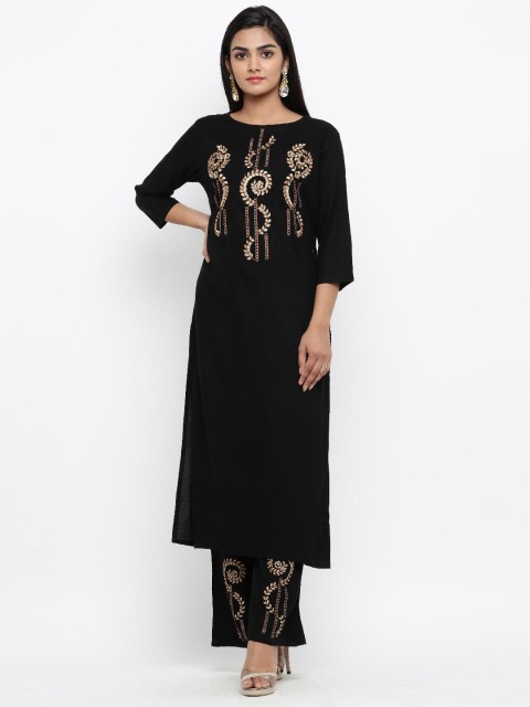 

Tistabene Women Floral Embroidered Kurta with Palazzos, Black