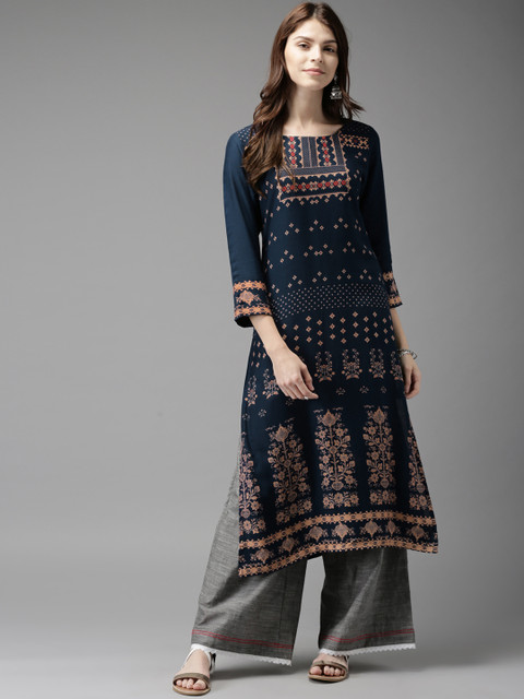 

Moda Rapido Women Navy Blue & Beige Printed Straight Kurta