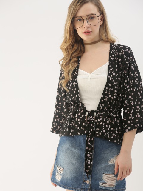 

DressBerry Black Floral Print Belted Shrug