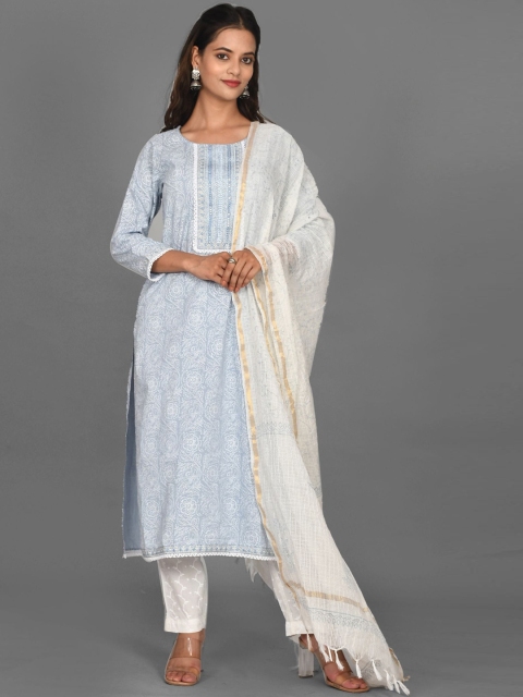 

Kesarya Women Printed Pure Cotton Kurta with Trousers & With Dupatta, Blue