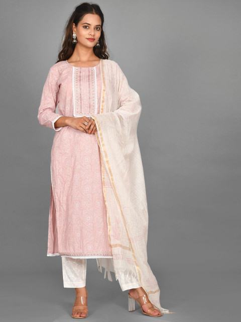 

Kesarya Women Pink Ethnic Motifs Embroidered Mirror Work Pure Cotton Kurti with Trousers & With Dupatta
