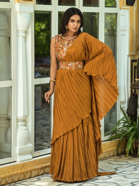 

BESUCHER Mustard & Pink Printed Floral Sequinned Pure Chiffon Saree