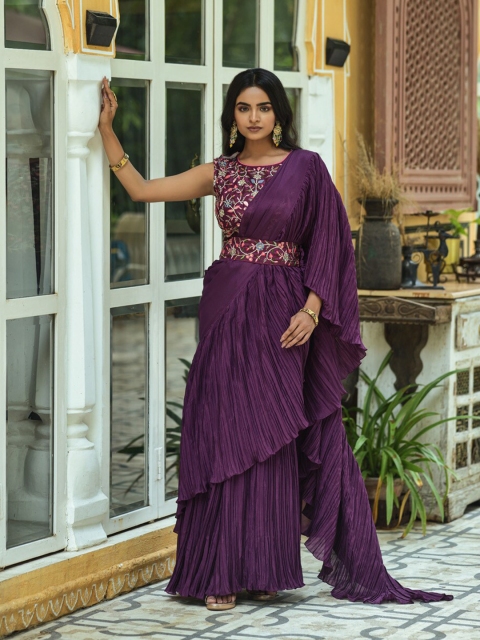 

BESUCHER Violet Sequinned Pure Chiffon Saree