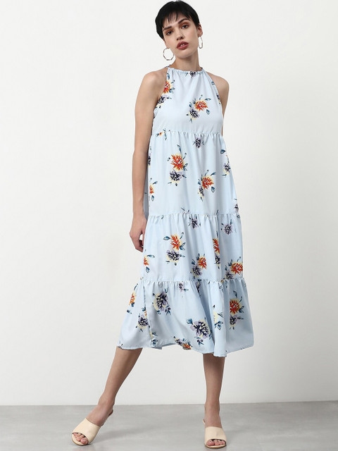 

abof Women Blue Floral Choker Neck A-Line Cotton Dress