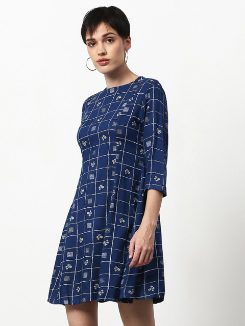 

abof Women Navy Blue A-Line Cotton Dress