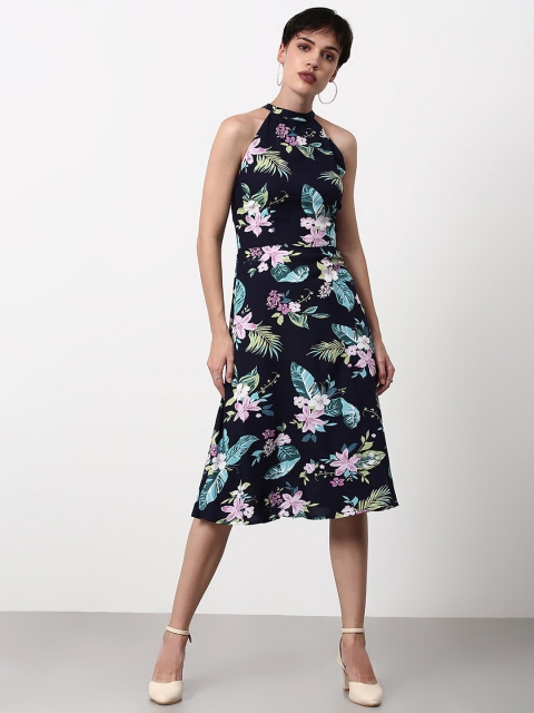 

abof Women Black Floral Choker Neck A-Line Dress
