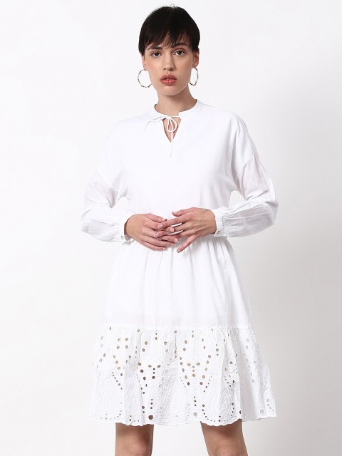 

abof Women White Embroidered Tie-Up Neck Dress