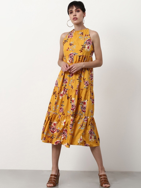 

abof Mustard Yellow Floral Printed Halter Neck A-Line Dress