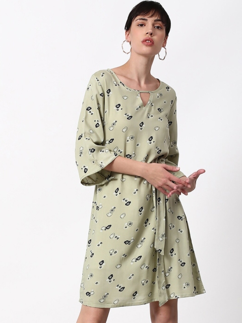 

abof Olive Girls Green Printed Keyhole Neck Fit & Flare Dress