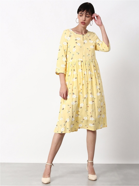 

abof Women Yellow Floral Printed Keyhole Neck A-Line Dress
