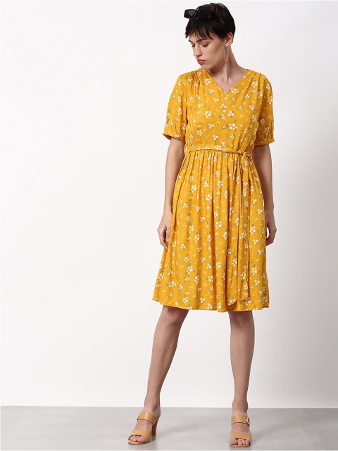 

abof Mustard Yellow & White Floral Fit and Flare Dress