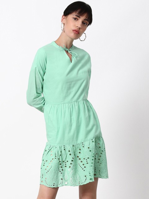 

abof Green Solid Tie-Up Neck Dress