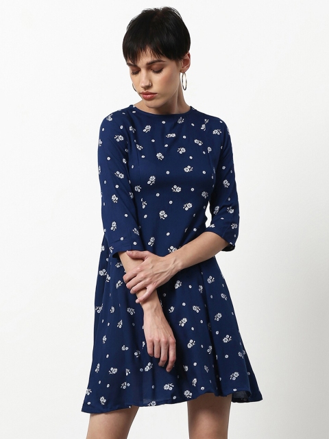 

abof Navy Blue & White Floral A-Line Dress
