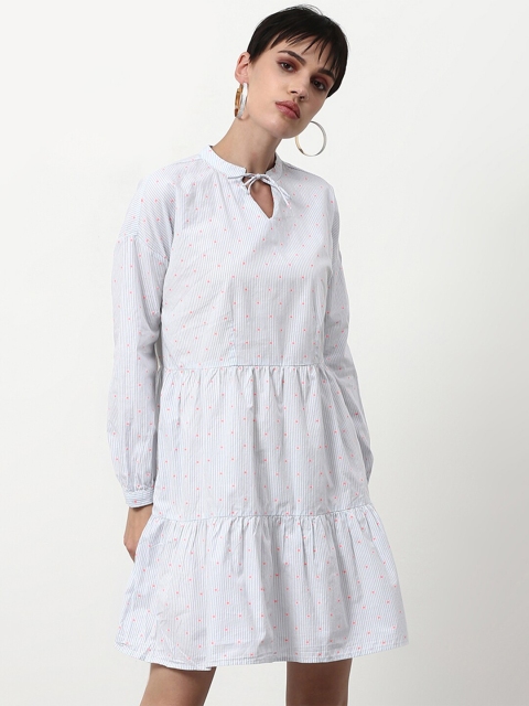 

abof White & Grey Solid Tie-Up Neck Dress