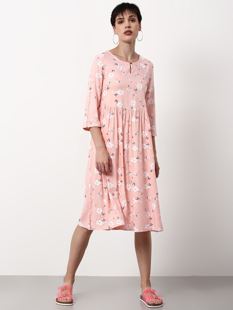 

abof Peach-Coloured & White Floral Fit and Flare Dress