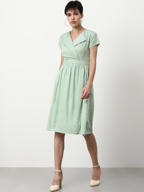 

abof Green & White Printed Fit and Flare Dress