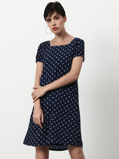 

Abof Women Navy Blue Printed Square Neck Cotton Dress