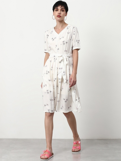 

Abof Women White & Black Floral Printed V-Neck A-Line Cotton Dress