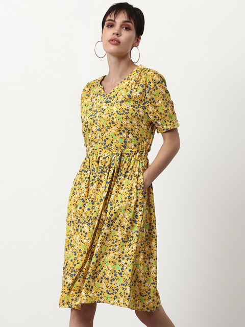 

abof Mustard Yellow & White Floral A-Line Dress