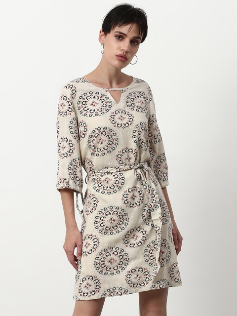 

abof Women Beige & Black Printed Keyhole Neck A-Line Dress