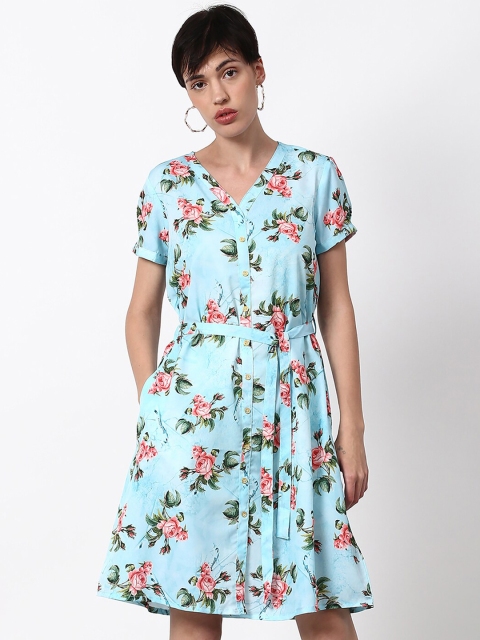 

abof Blue & Green Floral A-Line Dress