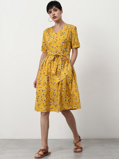 

abof Mustard Yellow & White Floral Fit and Flare Dress