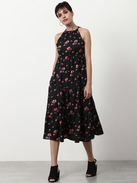

abof Black & Pink Floral A-Line Midi Dress