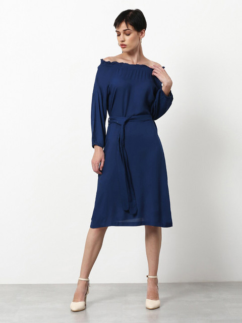 

abof Navy Blue Solid Off-Shoulder A-Line Dress