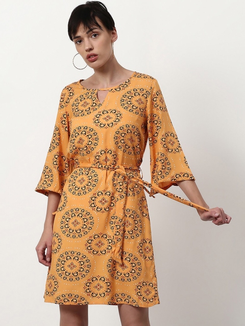 

abof Orange & Black Printed Keyhole Neck A-Line Dress