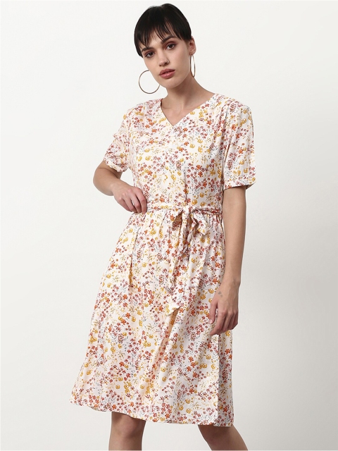 

abof Off White & Yellow Floral Printed A-Line Mini Dress