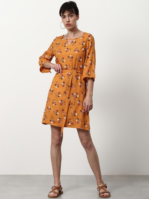 

abof Rust & White Floral Printed Keyhole Neck Dress