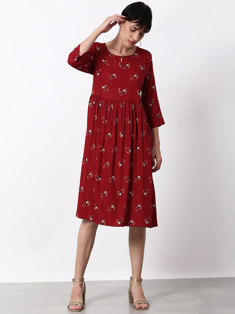 

abof Maroon & White Floral Printed Keyhole Neck Dress