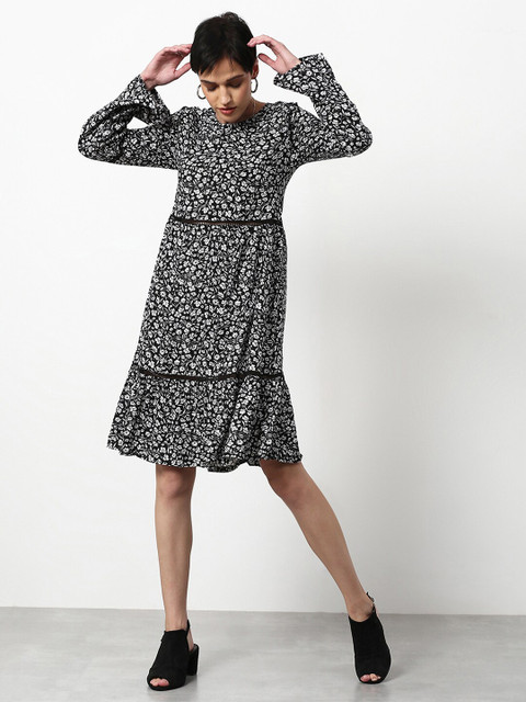 

abof Black & White Floral Printed A-Line Dress