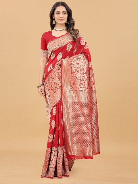 

Hinayat Fashion Red & Gold-Toned Ethnic Motifs Zari Silk Blend Kanjeevaram Saree