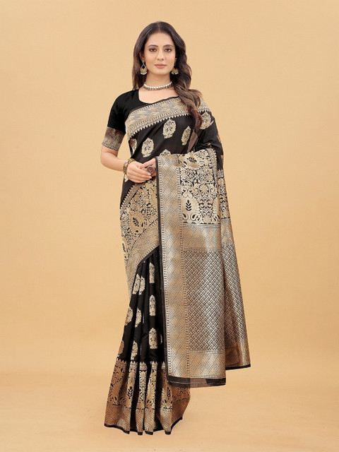 

Hinayat Fashion Black & Gold-Toned Ethnic Motifs Zari Silk Blend Kanjeevaram Saree