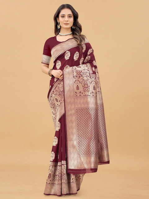

Hinayat Fashion Maroon & Gold-Toned Ethnic Motifs Zari Silk Blend Kanjeevaram Saree
