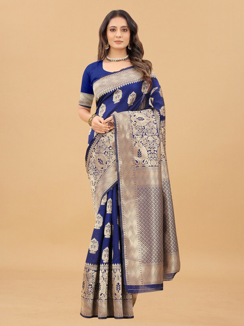

Hinayat Fashion Navy Blue & Gold-Toned Ethnic Motifs Zari Silk Blend Kanjeevaram Saree