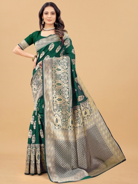 

Hinayat Fashion Green & Gold-Toned Ethnic Motifs Zari Silk Blend Kanjeevaram Saree