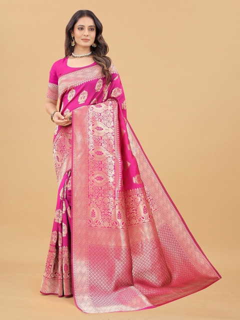 

Hinayat Fashion Pink & Gold-Toned Ethnic Motifs Zari Silk Blend Kanjeevaram Saree