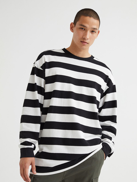 

H&M Men Black Oversized Fit Long-Sleeved Piqu Top