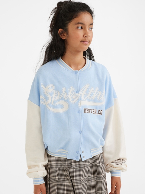 

H&M Girls Blue & Grey Printed Oversized Baseball Jacket