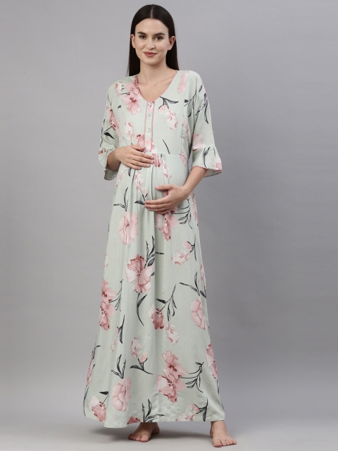 

GOLDSTROMS Women Green Printed Feeding Maternity Maxi Nightdress