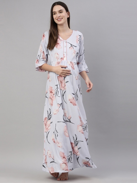 

GOLDSTROMS Women Blue Printed Feeding Maternity Maxi Nightdress