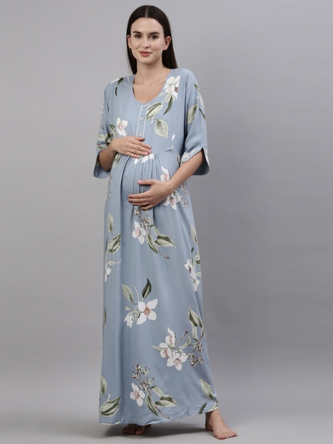 

GOLDSTROMS Women Blue Printed Maxi Maternity Feeding Nightdress
