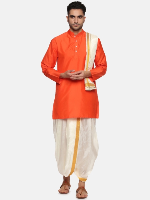 

Sethukrishna Men Kurta & Dhoti Pants with Angavastram, Orange