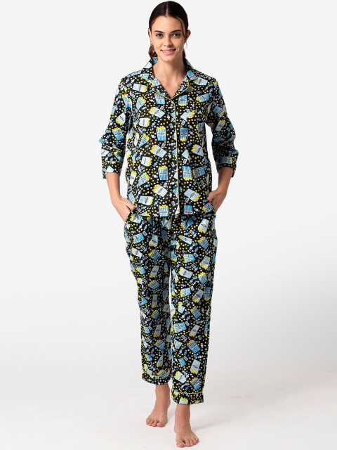 

Bellofox Women Black & Blue Printed Night suit