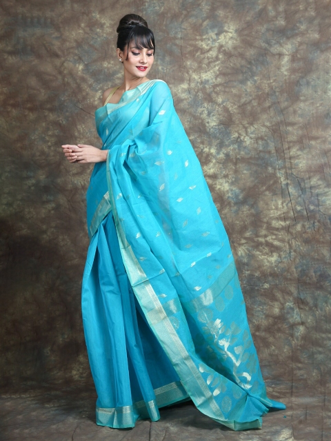 

Arhi Blue & Silver-Toned Ethnic Motifs Zari Silk Cotton Jamdani Saree