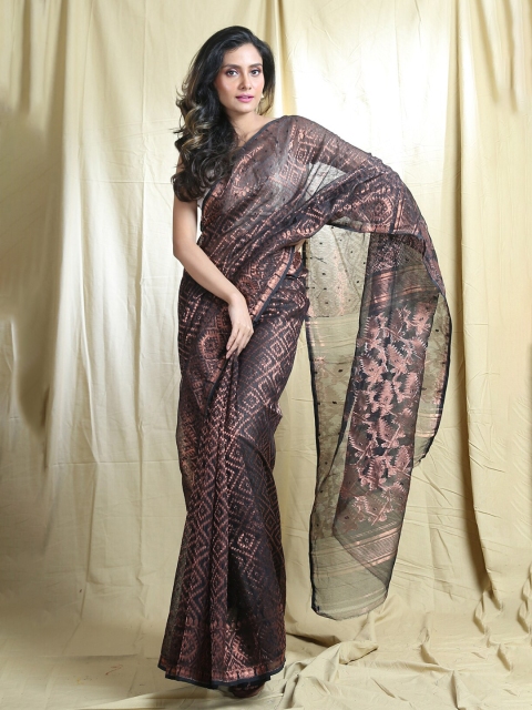 

Arhi Black & Copper-Toned Zari Silk Cotton Jamdani Saree