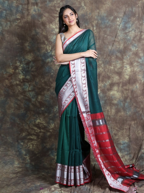 

Arhi Green & Red Solid Zari Saree