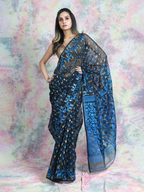 

Arhi Black & Blue Floral Silk Cotton Jamdani Saree